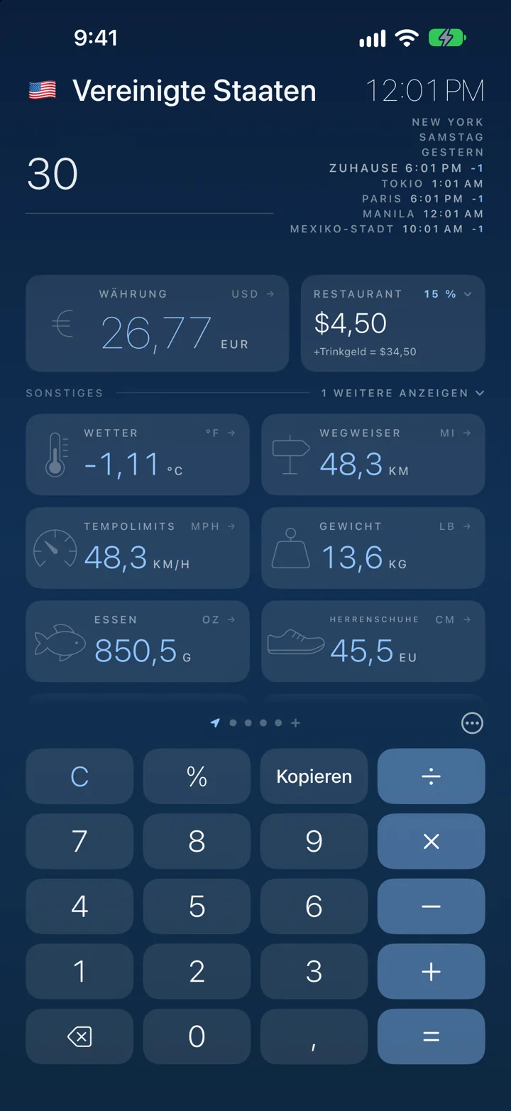 Jede Einheit auf einmal. 30 € sind auch 86 °F, 18,6 Meilen und 66,1 lb.