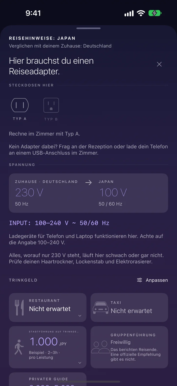 Bevor du den Stecker einsteckst. Vergleiche Stecker und Spannung mit zu Hause. Lies den Hinweis einmal; über das Warnsymbol bleibt er erreichbar.