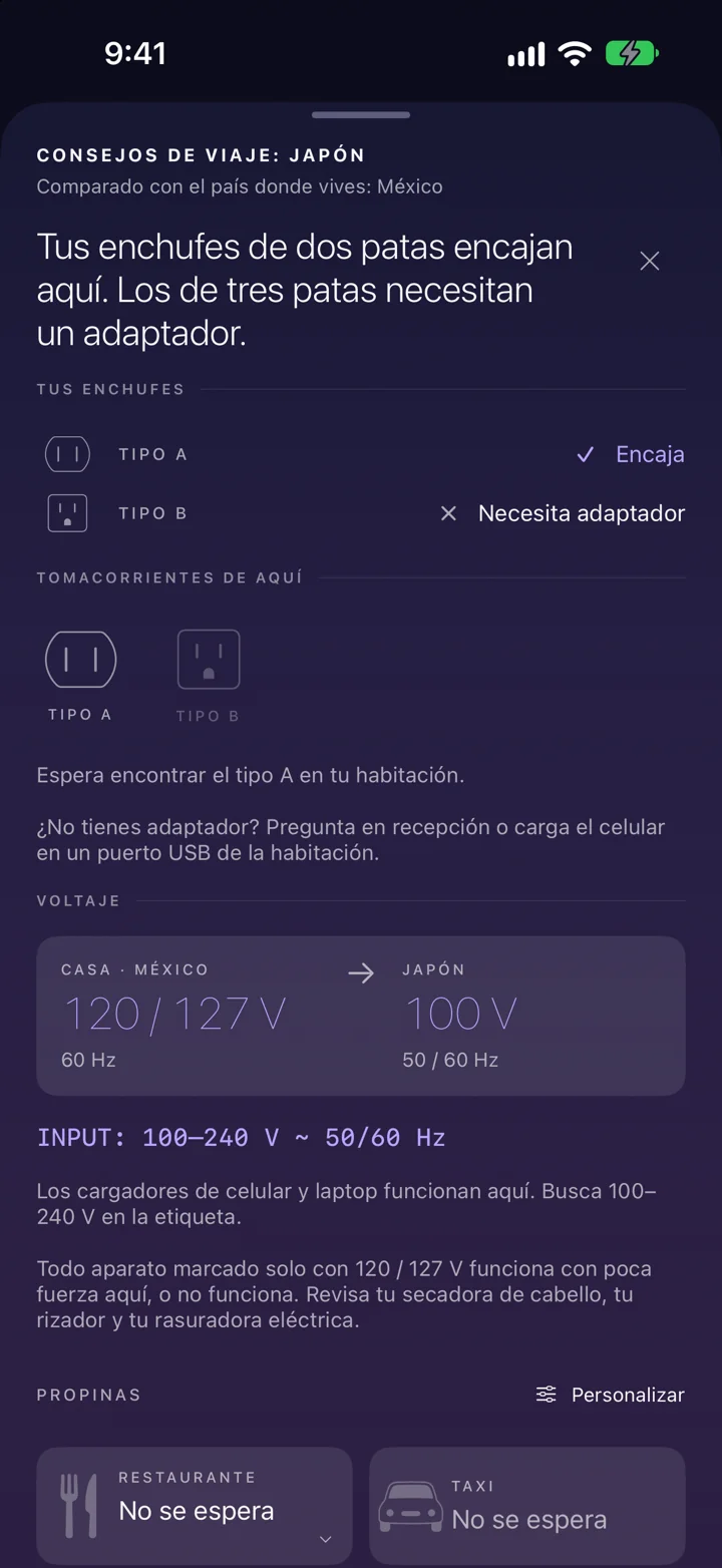 Antes de conectar. Compara enchufes y voltaje con casa. Lee el aviso una vez y ten los consejos siempre a mano.