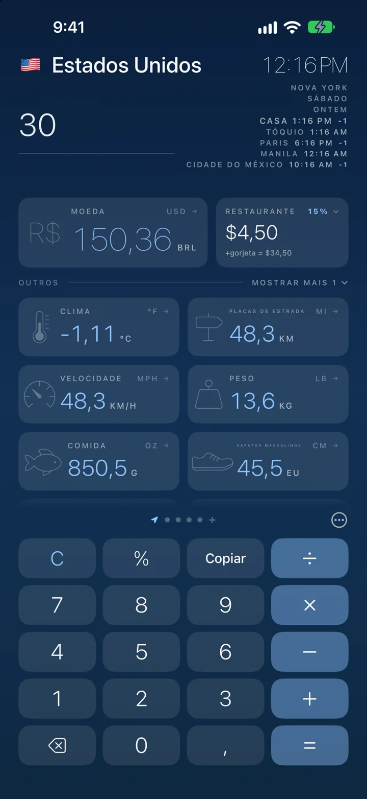 Todas as unidades de uma vez. €30 também é 86 °F, 18,6 milhas e 66,1 lb.