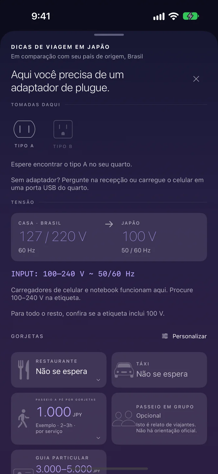 Antes de ligar na tomada. Compare plugues e tensão com seu país. Leia o aviso, feche quando quiser e consulte as dicas sempre que precisar.