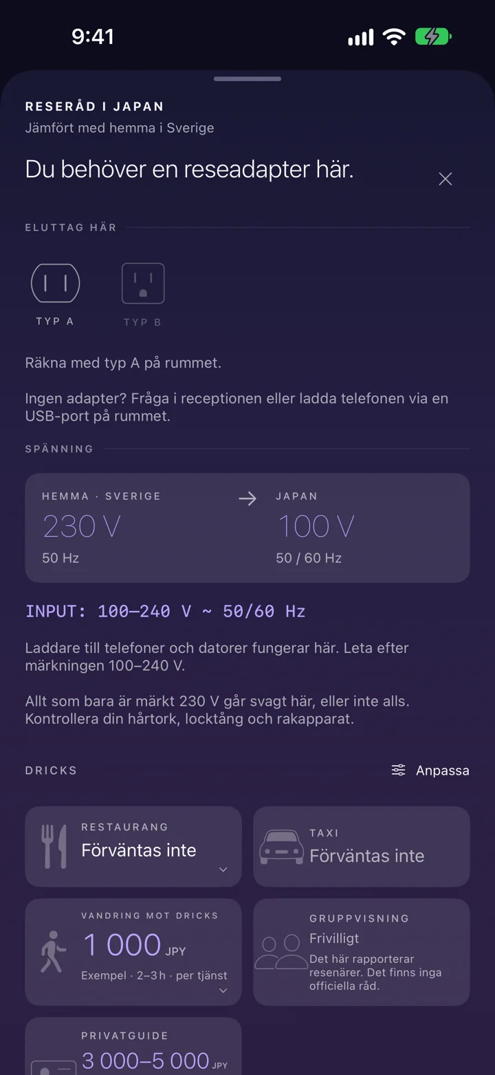 Innan du sätter i kontakten. Jämför kontakter och spänning med hemma. Läs varningen och ha råden nära till hands.